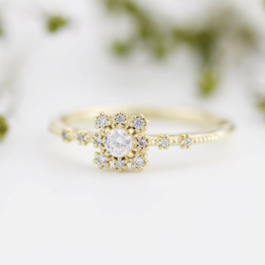 Simple ring for woman, Round engagement ring with square halo, Simple diamond ring | R 312WD - NOOI JEWELRY
