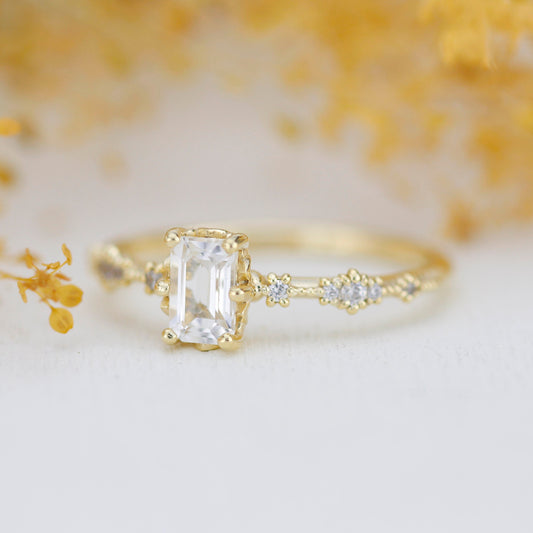 Lace diamond ring, engagement ring diamond and white topaz simple, white topaz emerald cut promise ring |R326WT