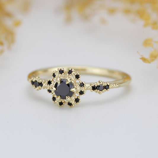 Round halo engagement ring, black diamond ring | R 341BD - NOOI JEWELRY