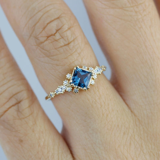 Princess cut engagement ring, vintage engagement rings London blue topaz and diamond| R339LBT - NOOI JEWELRY