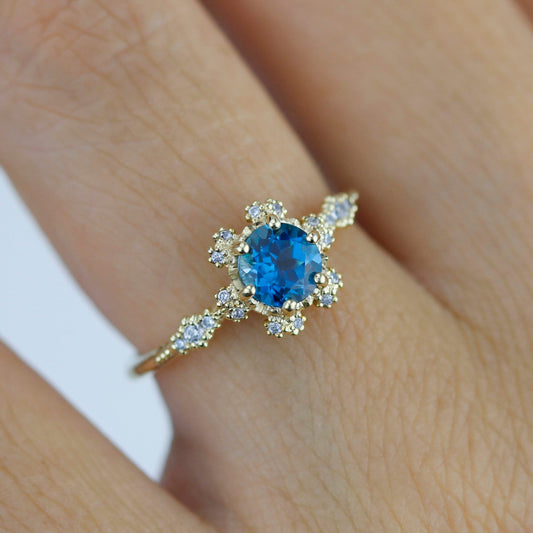 Vintage engagement ring art deco London blue topaz and diamond ring | R343LBT - NOOI JEWELRY