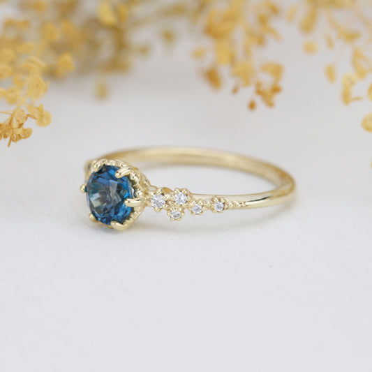 Alternative engagement ring, Unique engagement ring, vintage engagement ring, London blue topaz and diamond cluster ring | R347LBT