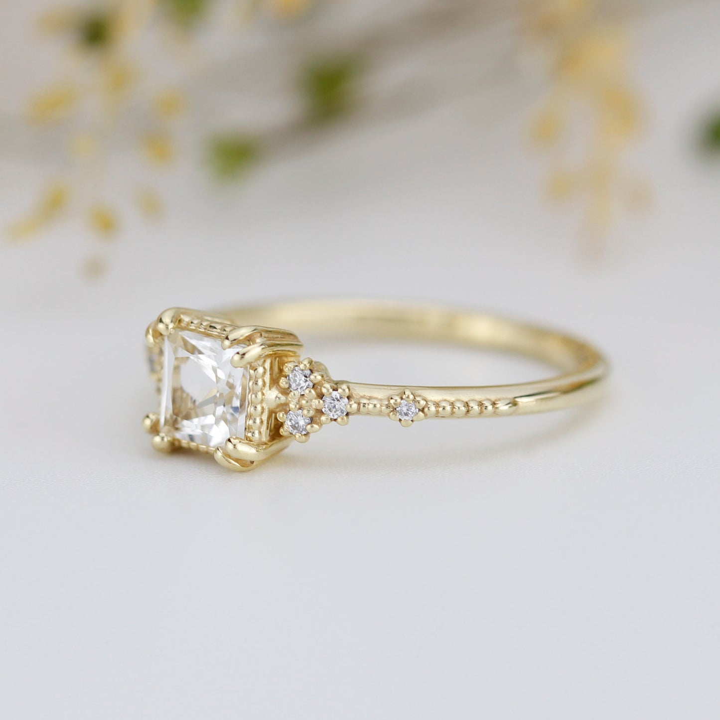 princess cut engagement ring, white topaz engagement ring, vintage inspired engagement ring | R338WT