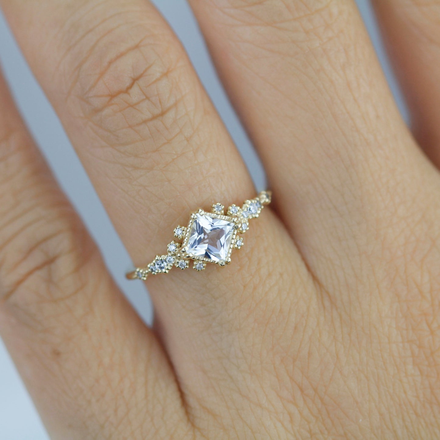 Engagement ring white topaz and diamond, cluster ring princess cut, simple cluster ring, unique delicate ring | R 339WT