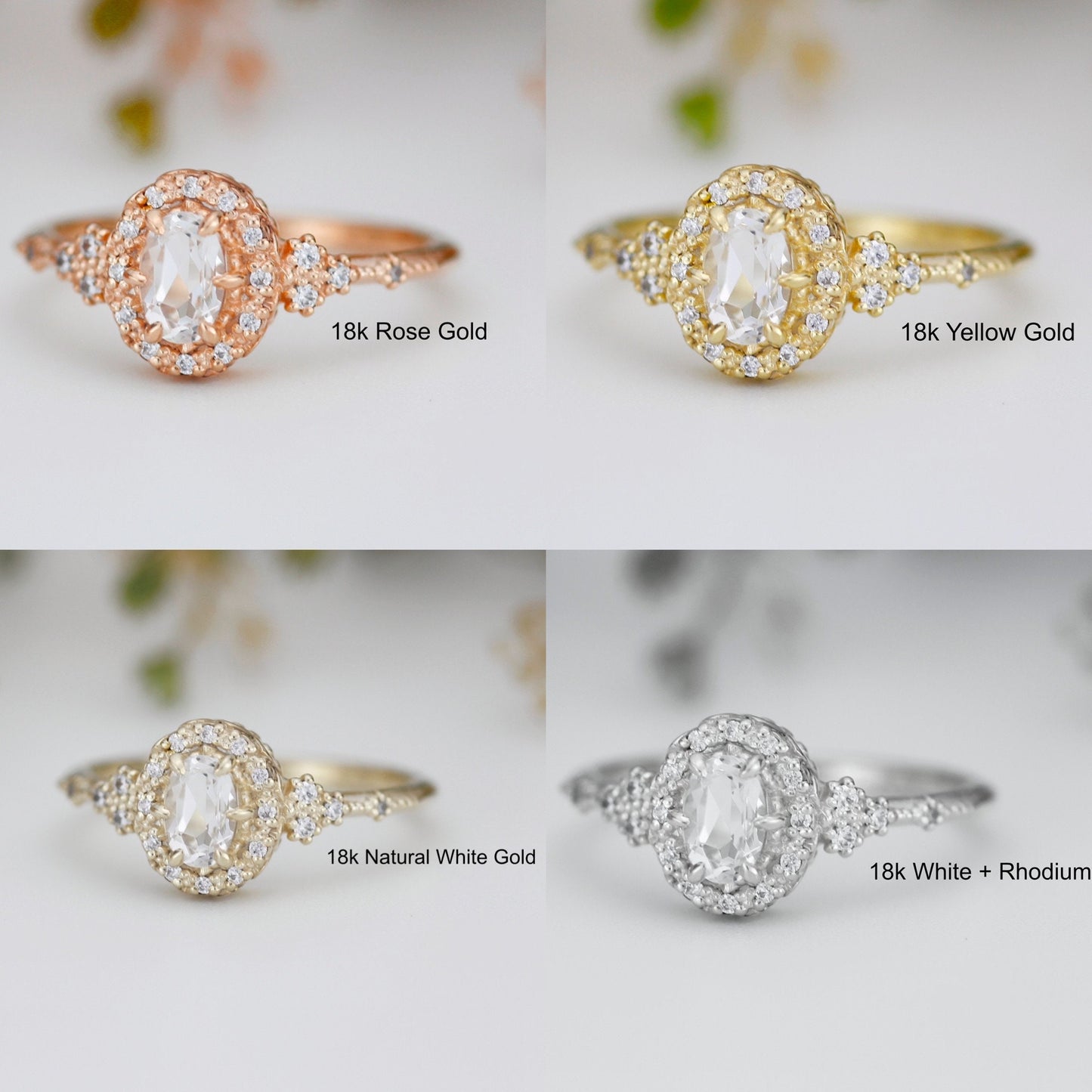 Oval engagement ring, unique ring white topaz and diamonds, diamond halo ring, cluster ring, leaf ring | R352WT