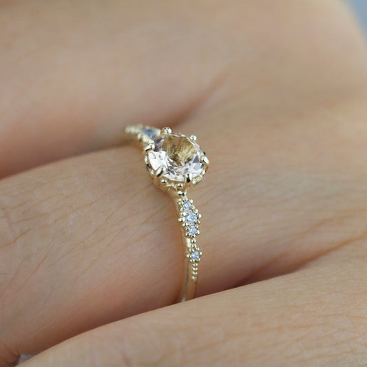 Engagement ring morganite and diamond, peach morganite ring, simple cluster ring, champagne morganite | R 355MORGANITE