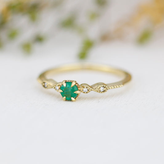 Emerald and diamond engagement ring, cross over ring, vintage engagement ring emerald | R 363EMERALD