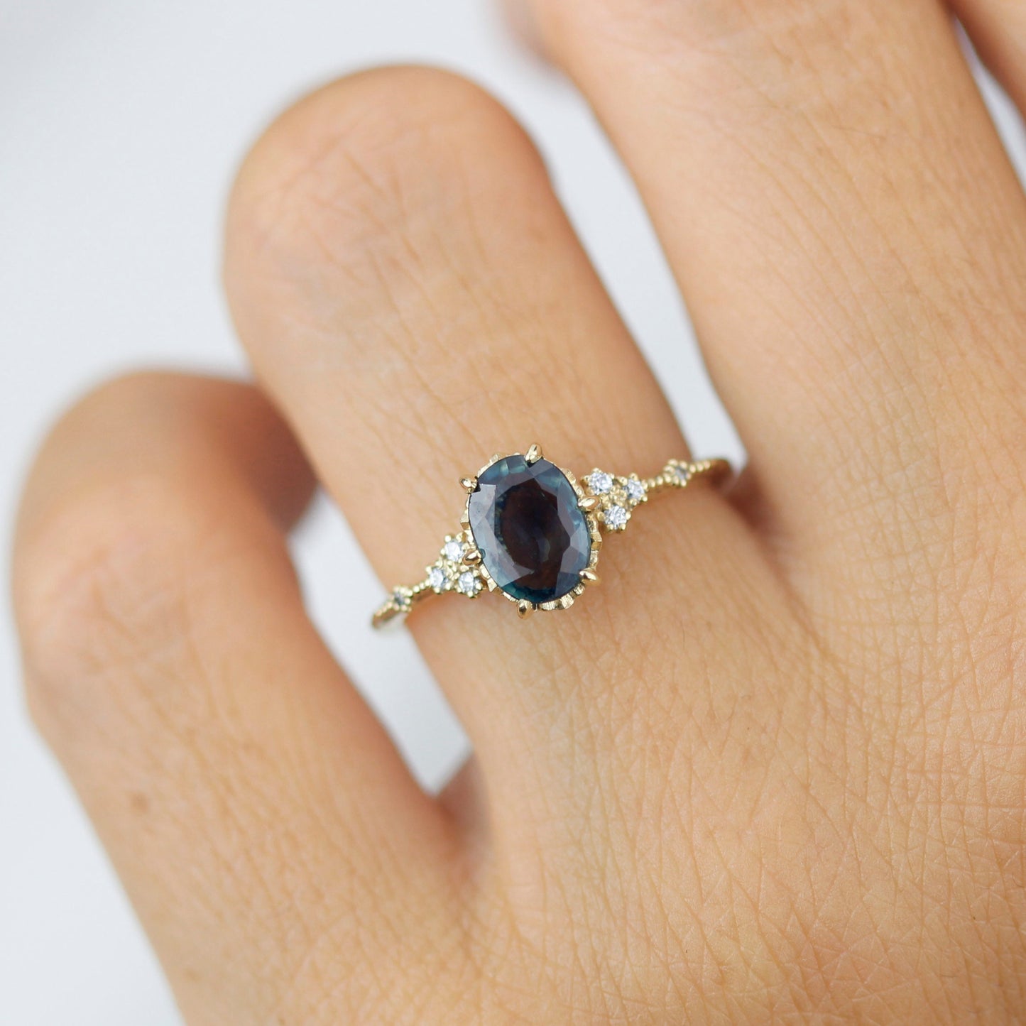 Teal Peacock Sapphire and diamond engagement ring, oval teal ring, vintage teal sapphire ring | R 349TEALS