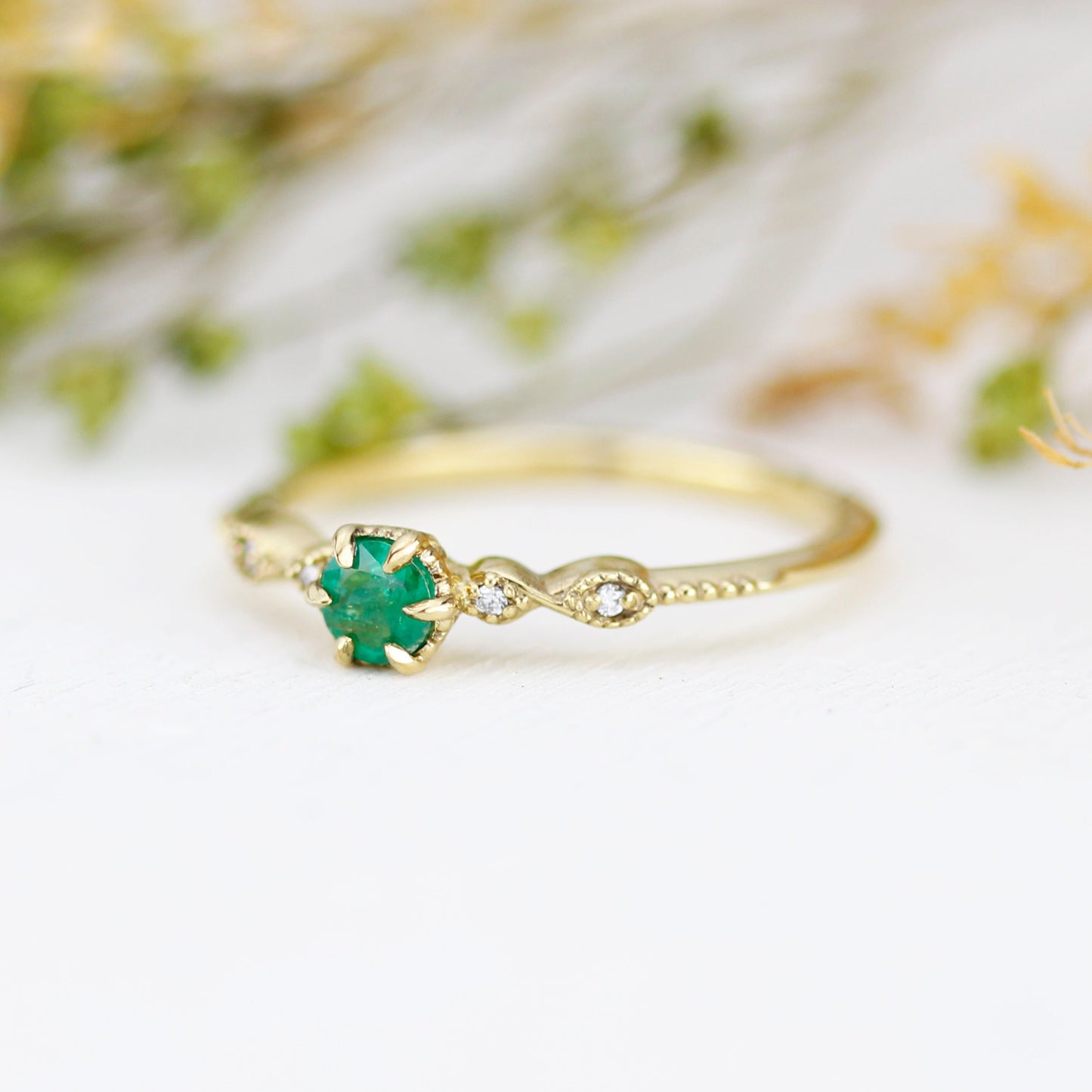 Emerald and diamond engagement ring, cross over ring, vintage engagement ring emerald | R 363EMERALD