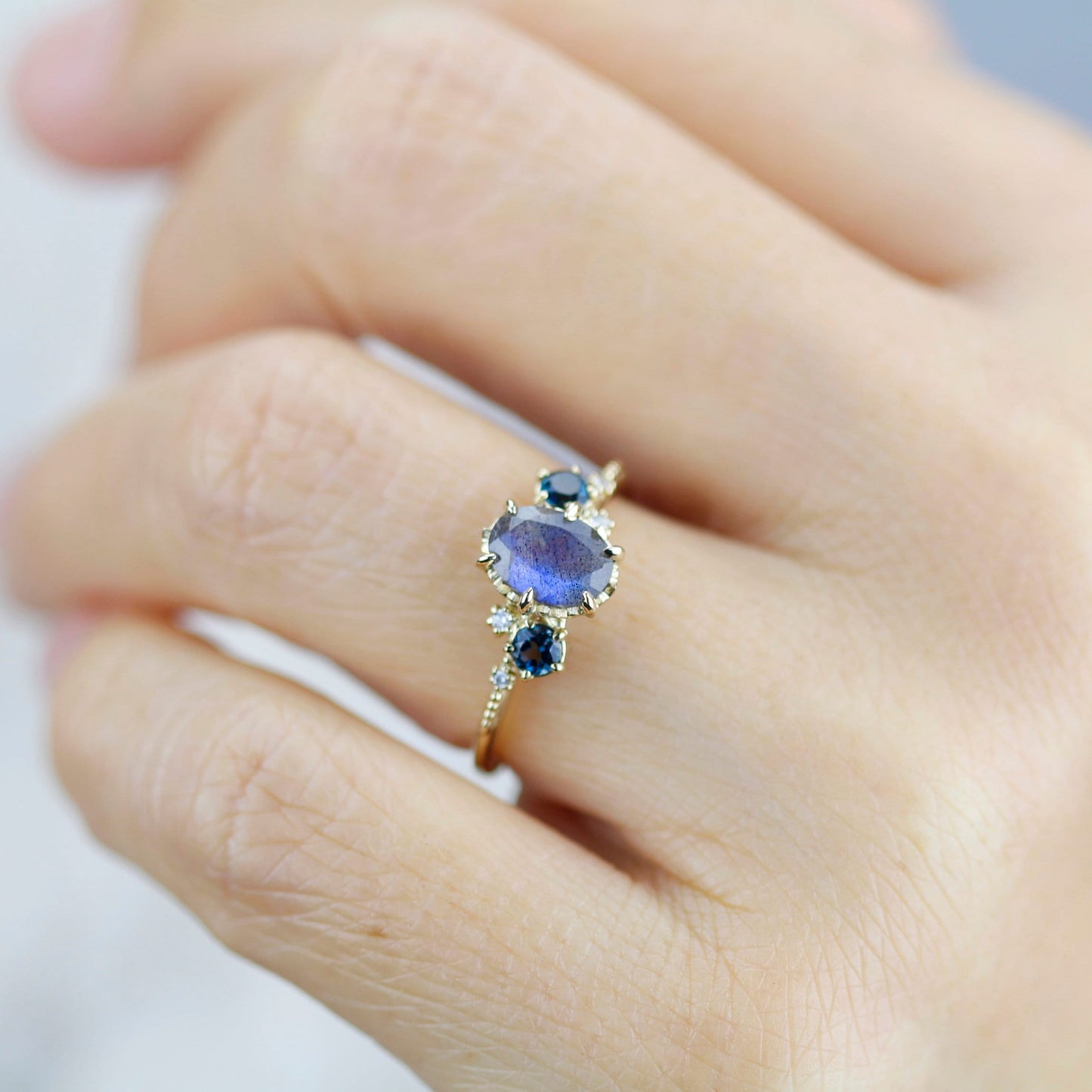 Oval Labradorite and london blue topaz engagement Ring| R 376 LAB LBT