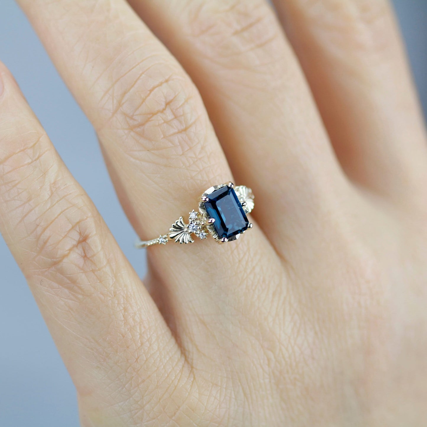Emerald cut engagement ring, London blue topaz ring, leaf ring, nature inspired ring, delicate ring, diamond ring |R 381 LBT