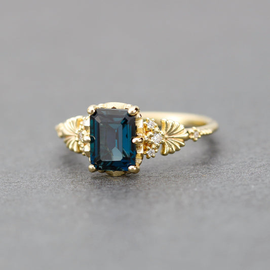 Emerald cut engagement ring, London blue topaz ring, leaf ring, nature inspired ring, delicate ring, diamond ring |R 381 LBT