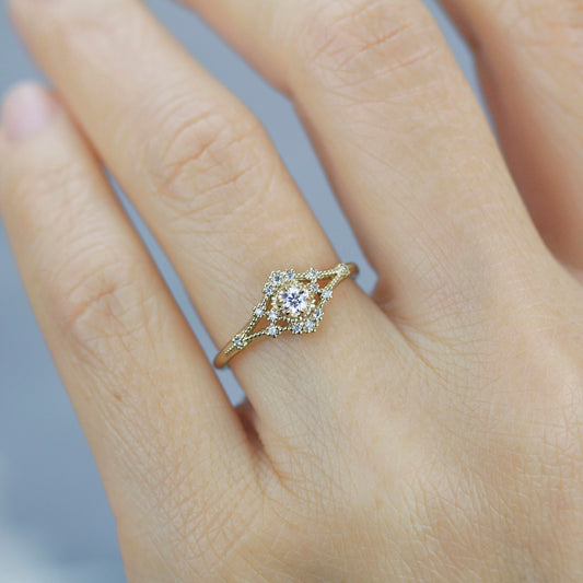 Vintage engagement ring women, 18k vintage inspired ring, filigree ring diamond, Unique round diamond ring | R373WD