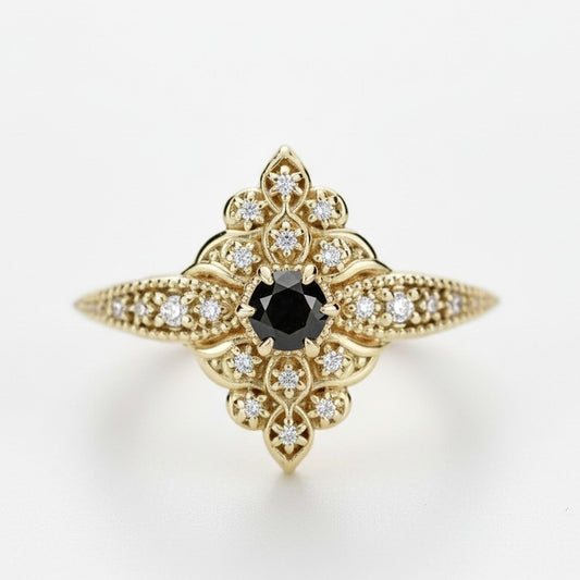 18k gold black Diamond Art Deco Dahlia engagement ring