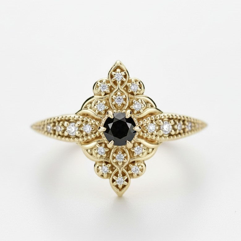 Black diamond Art Deco Dahlia ring, from the black diamond collection