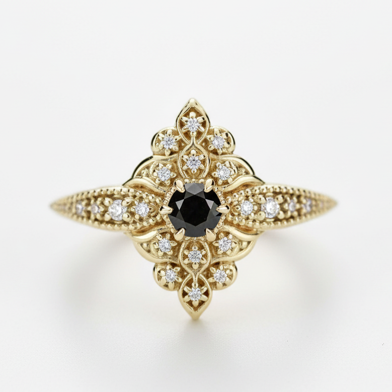 Intricate 18k yellow gold statement ring featuring a round-cut black diamond center stone, surrounded by a vintage-style filigree marquise setting and sparkling white diamond accents.