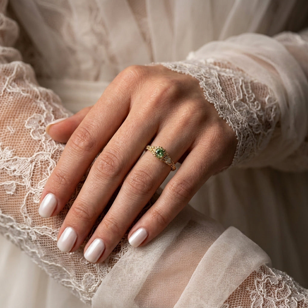 Awen floral ring with a green sapphire, worn on a hand with a white lace sleeve