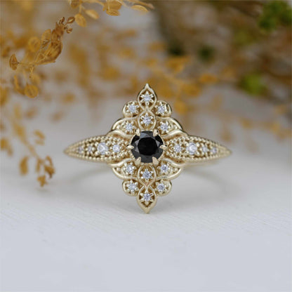 Bague de fiançailles Art Déco en or 18 carats et diamants noirs, modèle Dahlia 