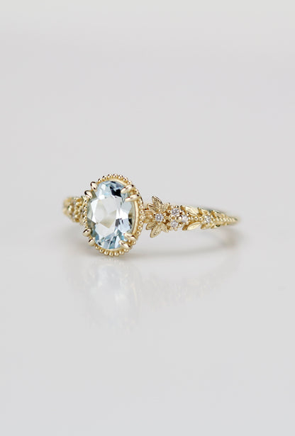 Anthea - 18k Gold Oval Aquamarine Engagement Ring with Diamond Floral Band