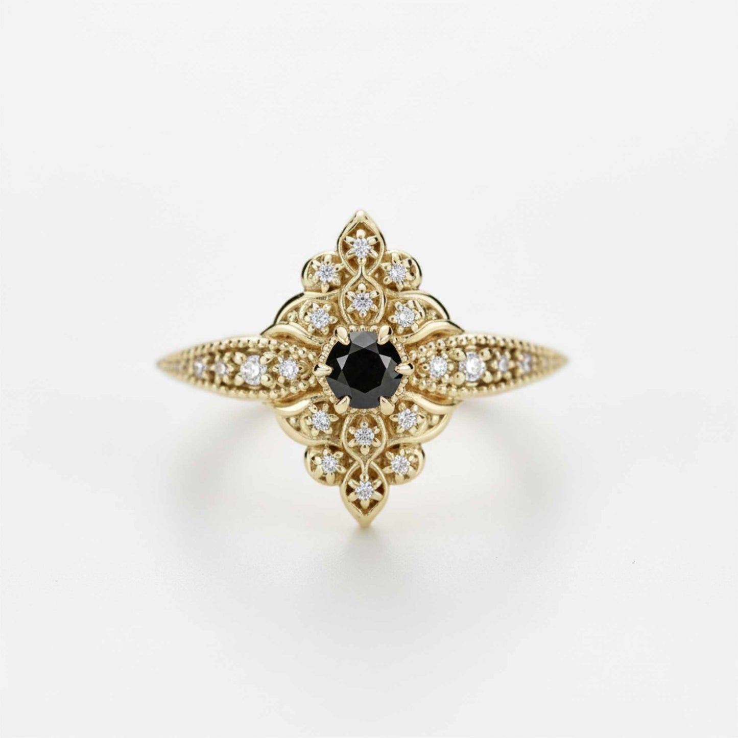 Bague de fiançailles Art Déco en or 18 carats et diamants noirs, modèle Dahlia 