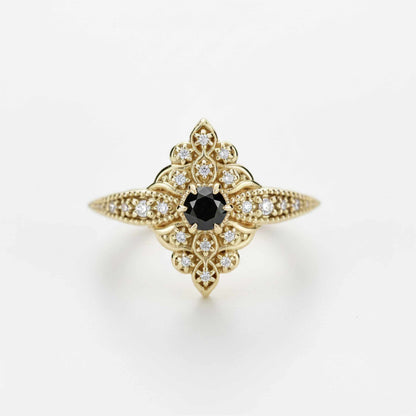 Bague de fiançailles Art Déco en or 18 carats et diamants noirs, modèle Dahlia 