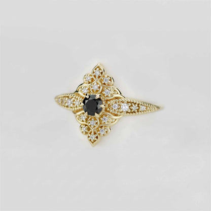 Bague de fiançailles Art Déco en or 18 carats et diamants noirs, modèle Dahlia 
