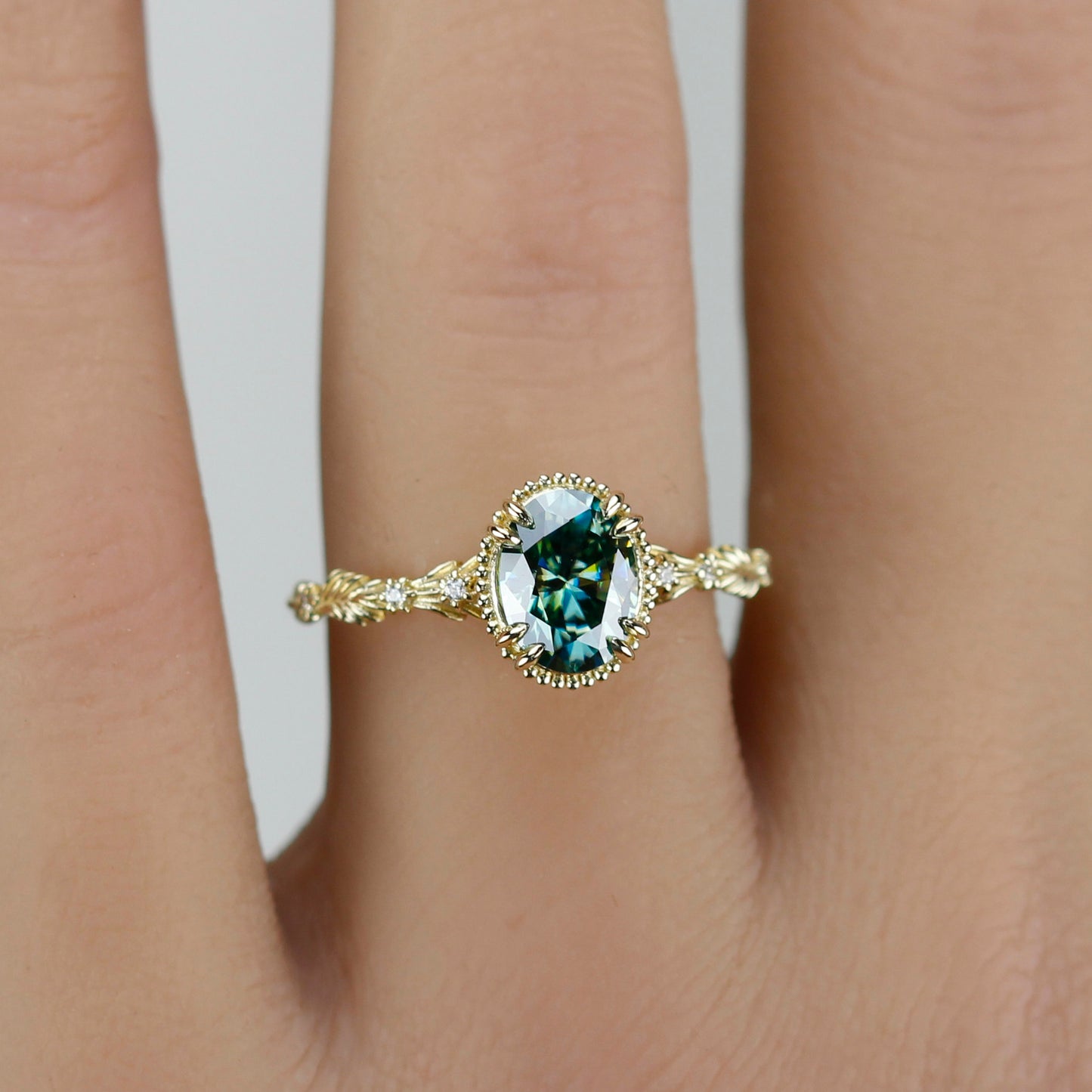 Rosmaris Vintage Green Moissanite Engagement Ring, Botanical Leaf Diamond Ring