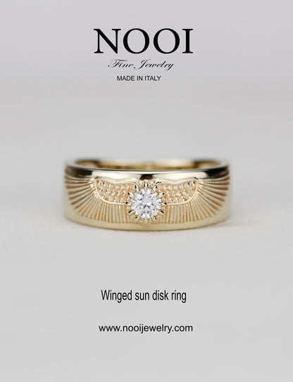 18K Gold Winged Sun Disk Ring | Ancient Egyptian Inspired Signet ring
