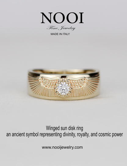 18K Gold Winged Sun Disk Ring | Ancient Egyptian Inspired Signet ring