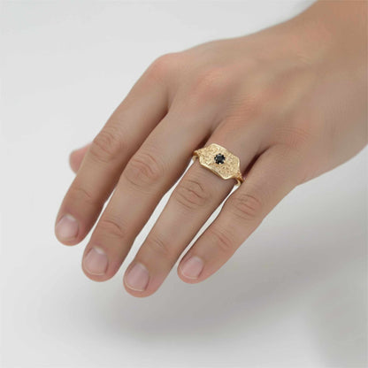 18K Solid Gold Men's Signet Ring with Black Diamond