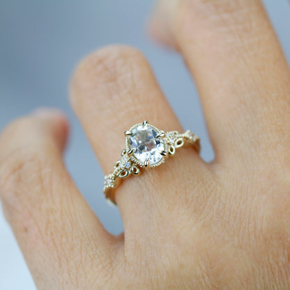 Vintage Art Deco 18k Gold Engagement Ring - Oval White Topaz & Diamonds