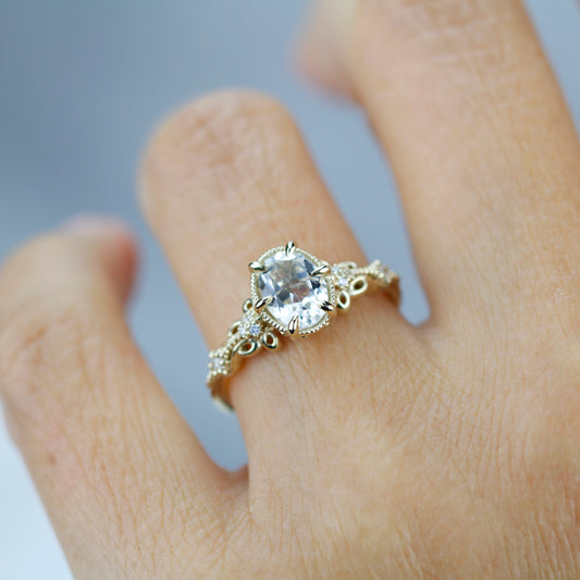 Vintage Art Deco 18k Gold Engagement Ring - Oval White Topaz & Diamonds