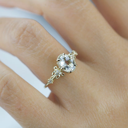 Vintage Art Deco 18k Gold Engagement Ring - Oval White Topaz & Diamonds