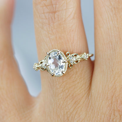 Vintage Art Deco 18k Gold Engagement Ring - Oval White Topaz & Diamonds