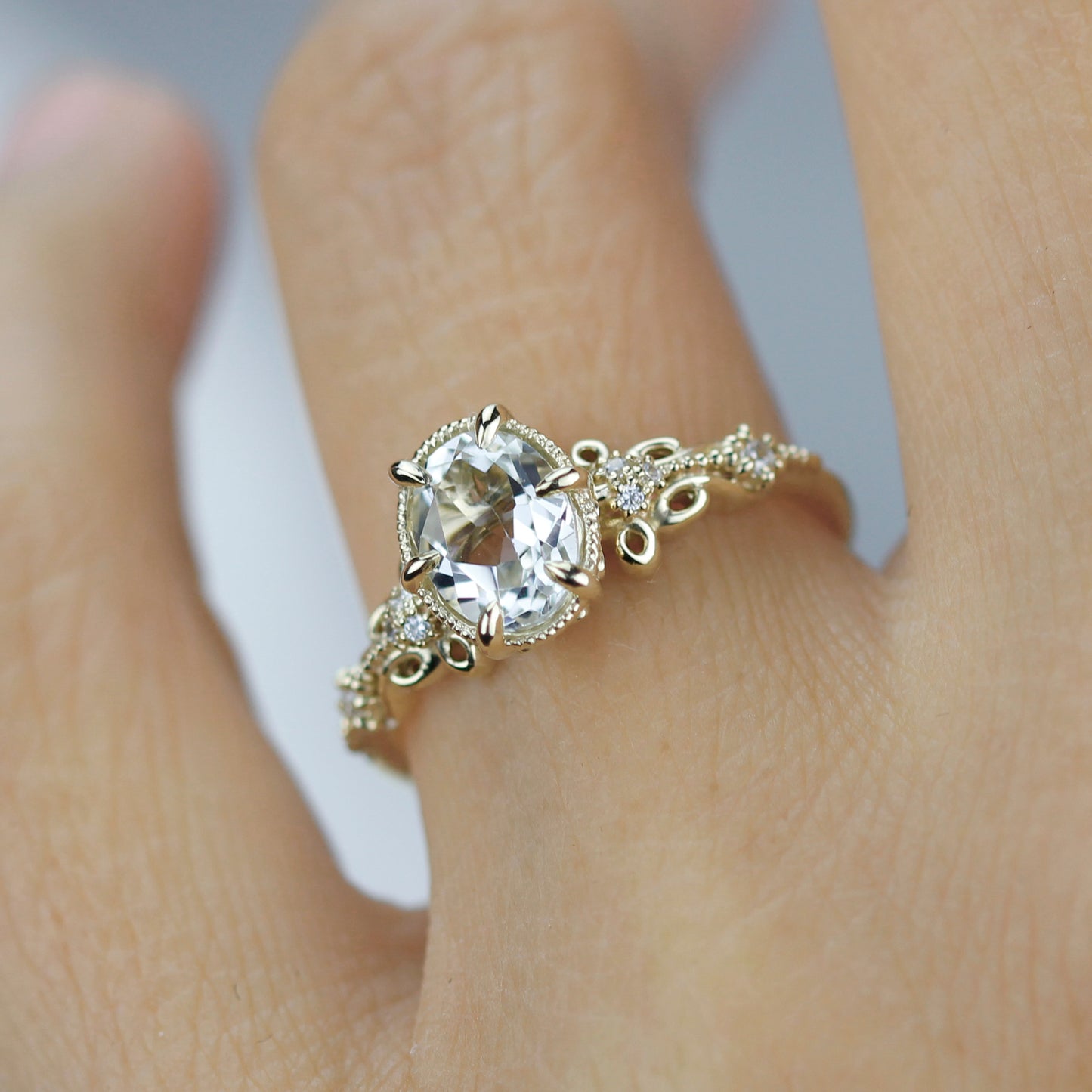 Vintage Art Deco 18k Gold Engagement Ring - Oval White Topaz & Diamonds