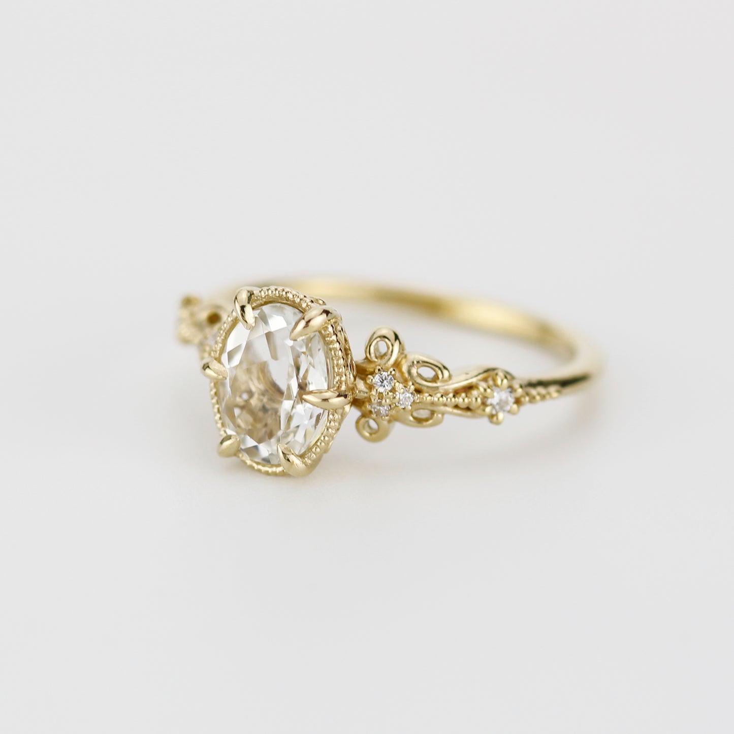 Vintage Art Deco 18k Gold Engagement Ring - Oval White Topaz & Diamonds