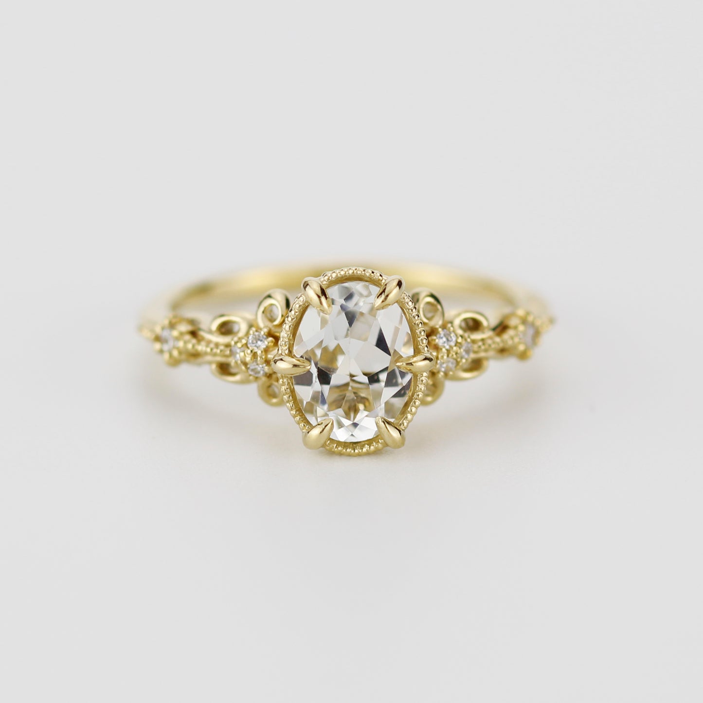 Vintage Art Deco 18k Gold Engagement Ring - Oval White Topaz & Diamonds