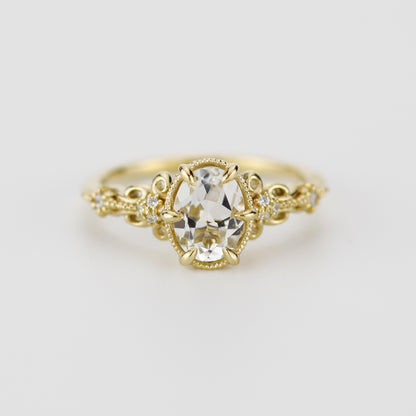 Vintage Art Deco 18k Gold Engagement Ring - Oval White Topaz & Diamonds
