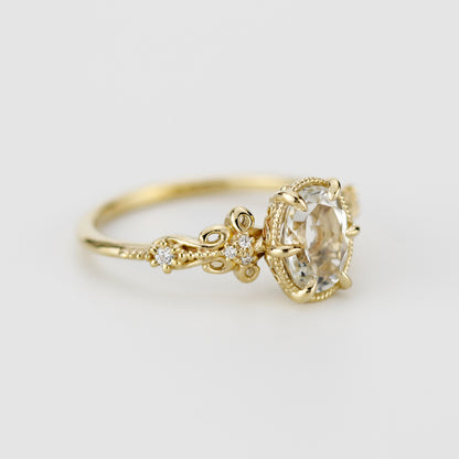Vintage Art Deco 18k Gold Engagement Ring - Oval White Topaz & Diamonds