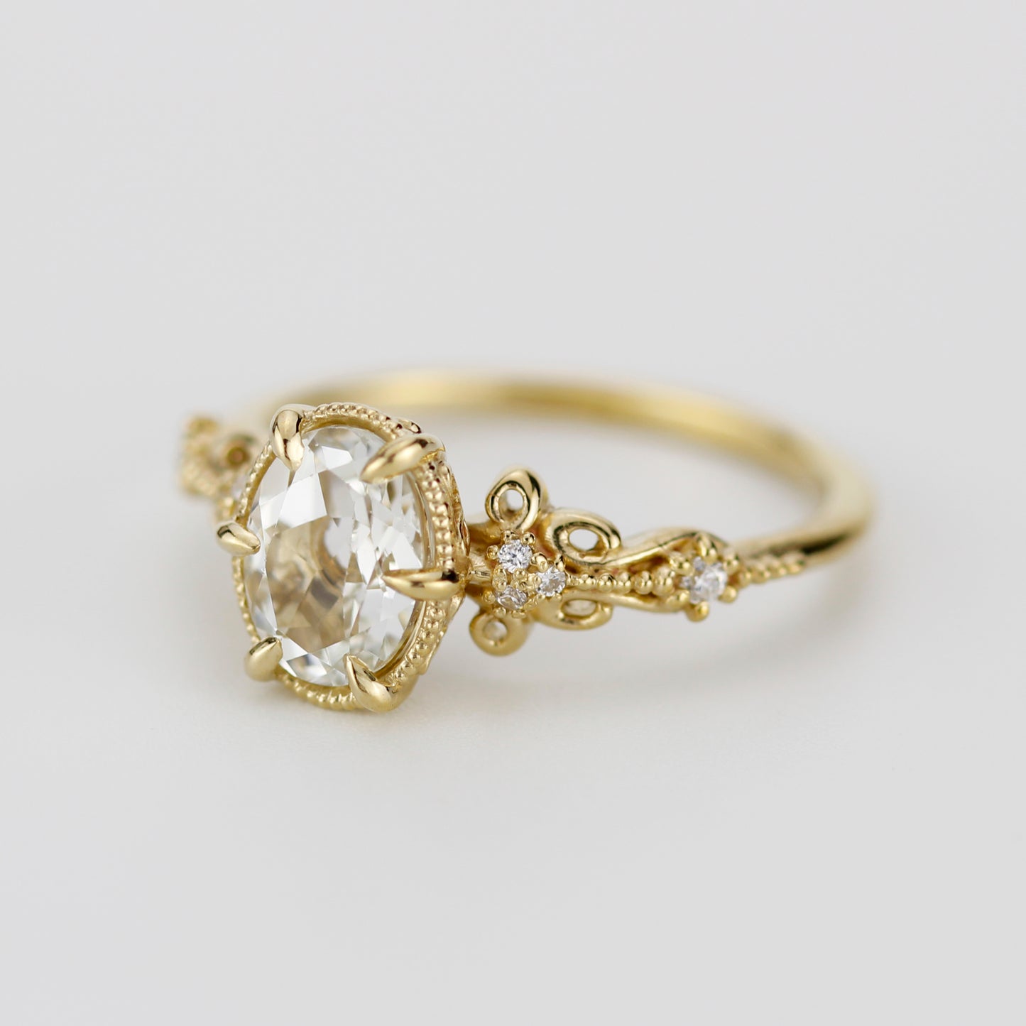 Vintage Art Deco 18k Gold Engagement Ring - Oval White Topaz & Diamonds