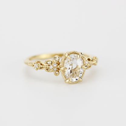 Vintage Art Deco 18k Gold Engagement Ring - Oval White Topaz & Diamonds