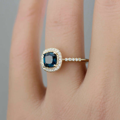 Pillow - 18k Gold Cushion Cut London Blue Topaz Diamond Halo Ring