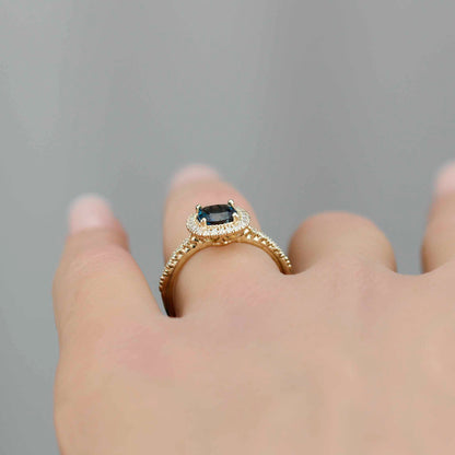 Pillow - 18k Gold Cushion Cut London Blue Topaz Diamond Halo Ring