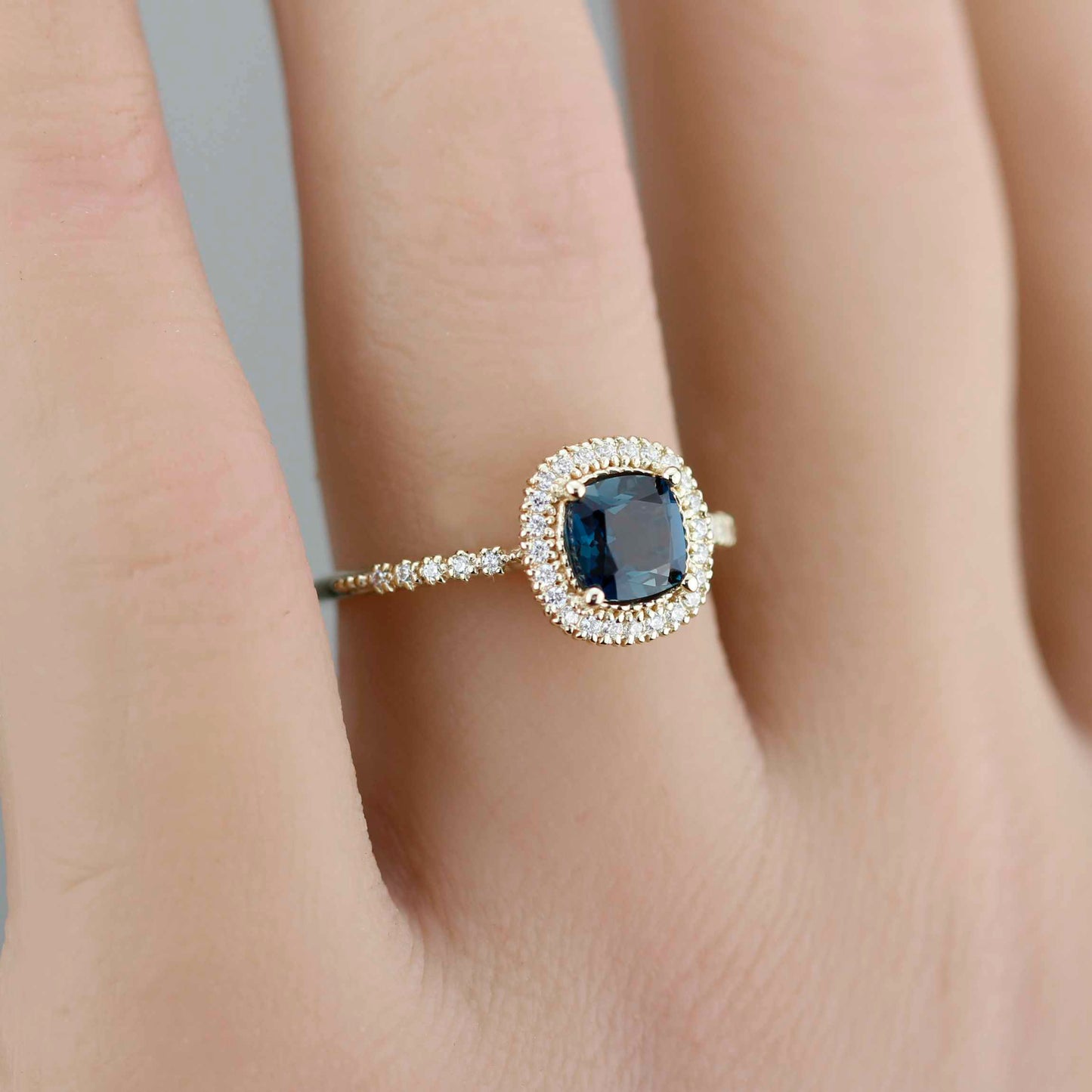 Pillow - 18k Gold Cushion Cut London Blue Topaz Diamond Halo Ring