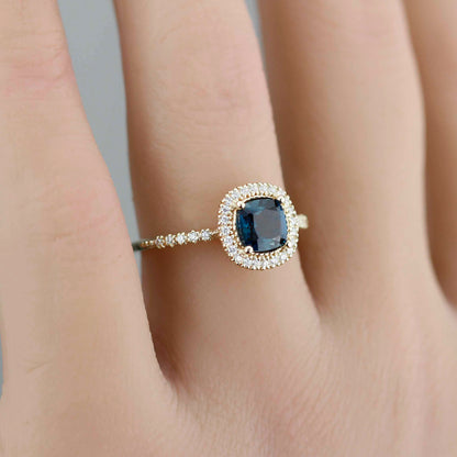 Pillow - 18k Gold Cushion Cut London Blue Topaz Diamond Halo Ring