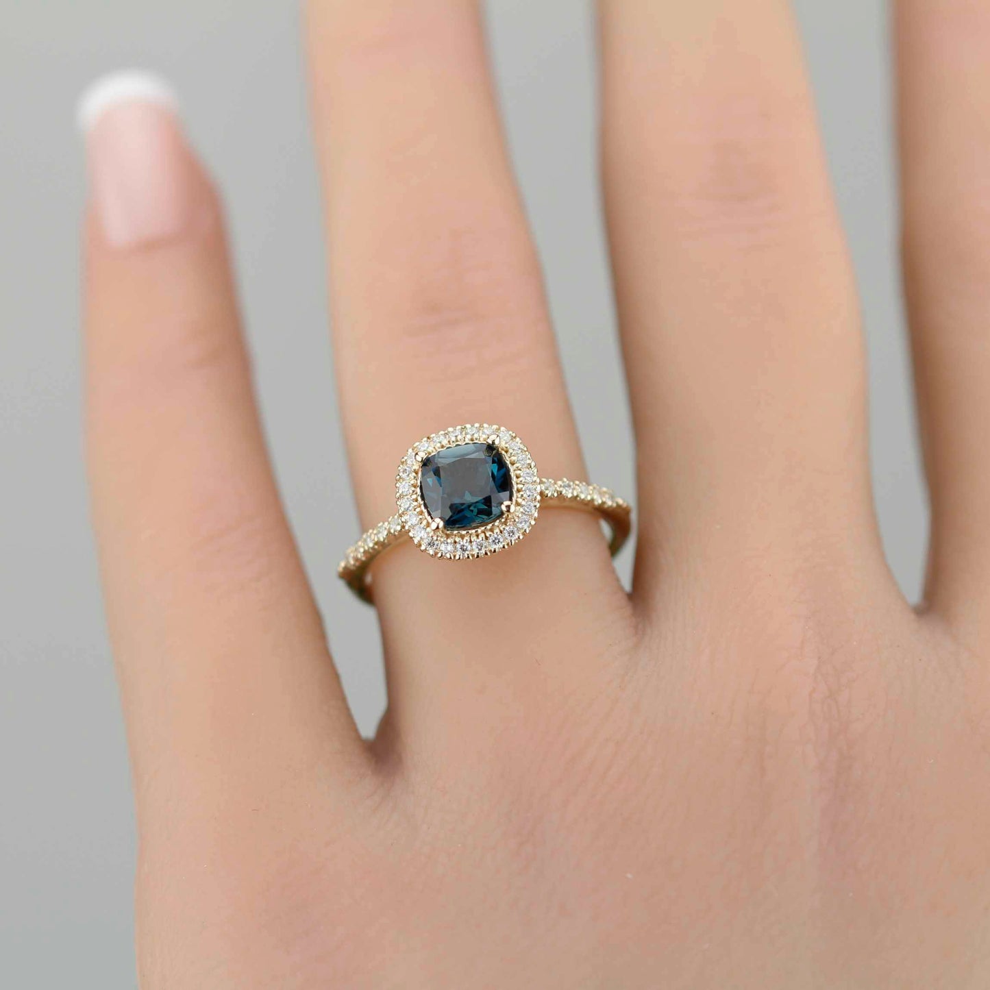 Pillow - 18k Gold Cushion Cut London Blue Topaz Diamond Halo Ring