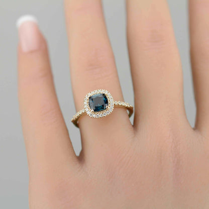 Pillow - 18k Gold Cushion Cut London Blue Topaz Diamond Halo Ring