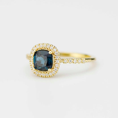 Pillow - 18k Gold Cushion Cut London Blue Topaz Diamond Halo Ring