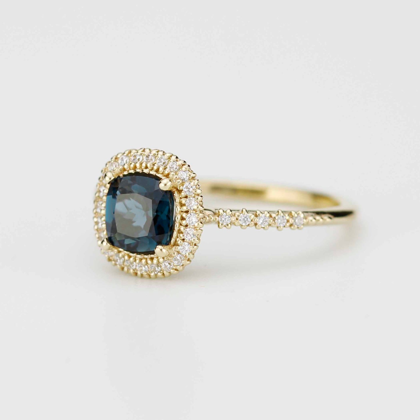 Pillow - 18k Gold Cushion Cut London Blue Topaz Diamond Halo Ring