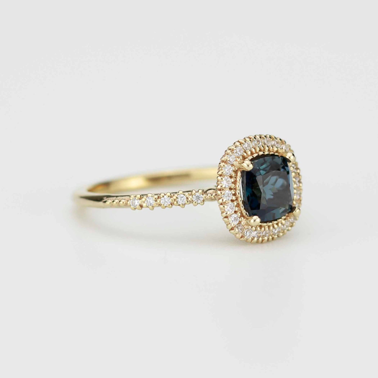 Pillow - 18k Gold Cushion Cut London Blue Topaz Diamond Halo Ring